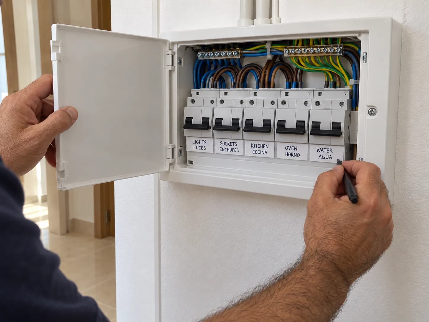 New consumer unit, every circuit labelled in English and Spanish